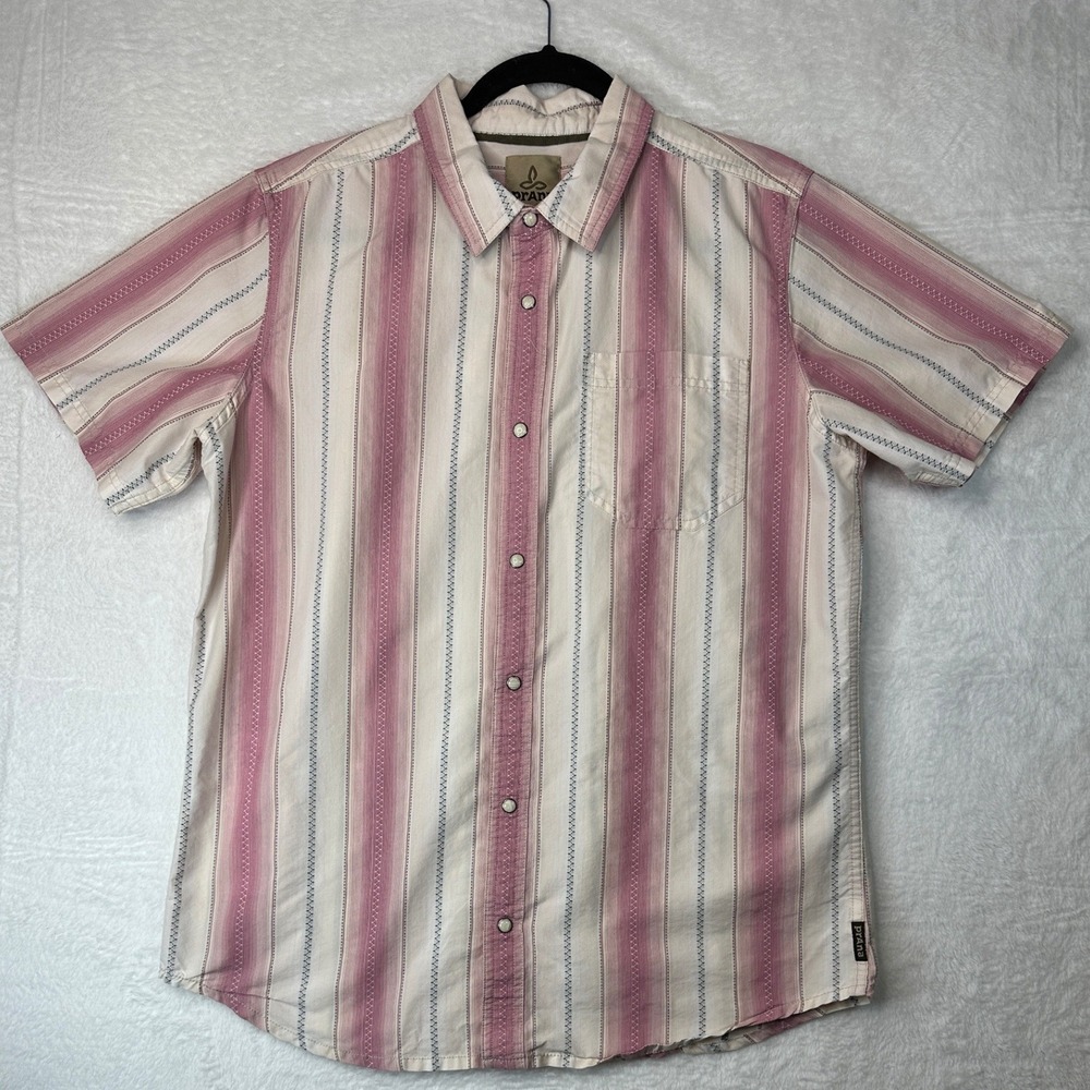 Prana Shirt Mens Large Pink Striped Short Sleeve Button Down Pocket Embroidery
